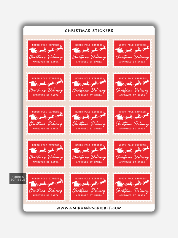 North Pole Express Christmas Delivery stickers on a sheet with Santa’s sleigh and reindeer on red backgrounds.