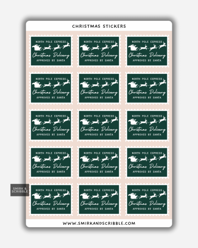 North Pole Express green Christmas Delivery stickers on a sheet with Santa’s sleigh and reindeer on green backgrounds.