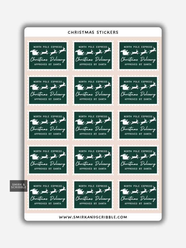 North Pole Express green Christmas Delivery stickers on a sheet with Santa’s sleigh and reindeer on green backgrounds.