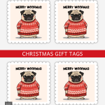 Merry Woofmas Pug Christmas gift tags on a sheet with a grumpy pug in a red Christmas jumper.