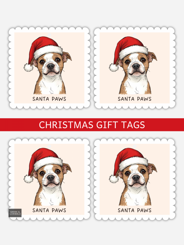 Santa Paws Christmas gift tags featuring a dog wearing a Santa hat.