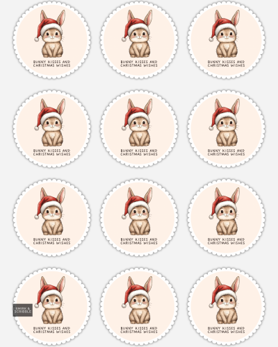 Bunny Kisses Christmas stickers on a sheet with a bunny in a Santa hat.