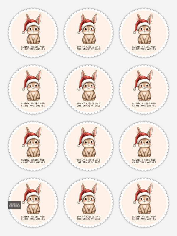 Bunny Kisses Christmas stickers on a sheet with a bunny in a Santa hat.