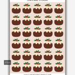 Christmas pudding stickers on a sheet with icing and holly on top.