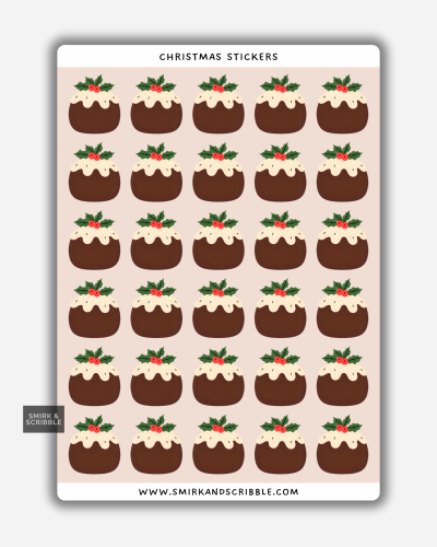 Christmas pudding stickers on a sheet with icing and holly on top.