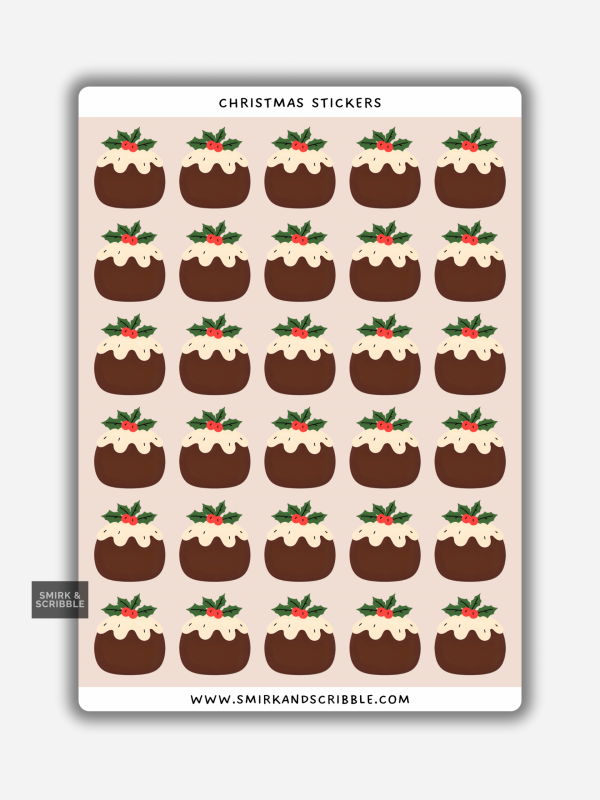 Christmas pudding stickers on a sheet with icing and holly on top.